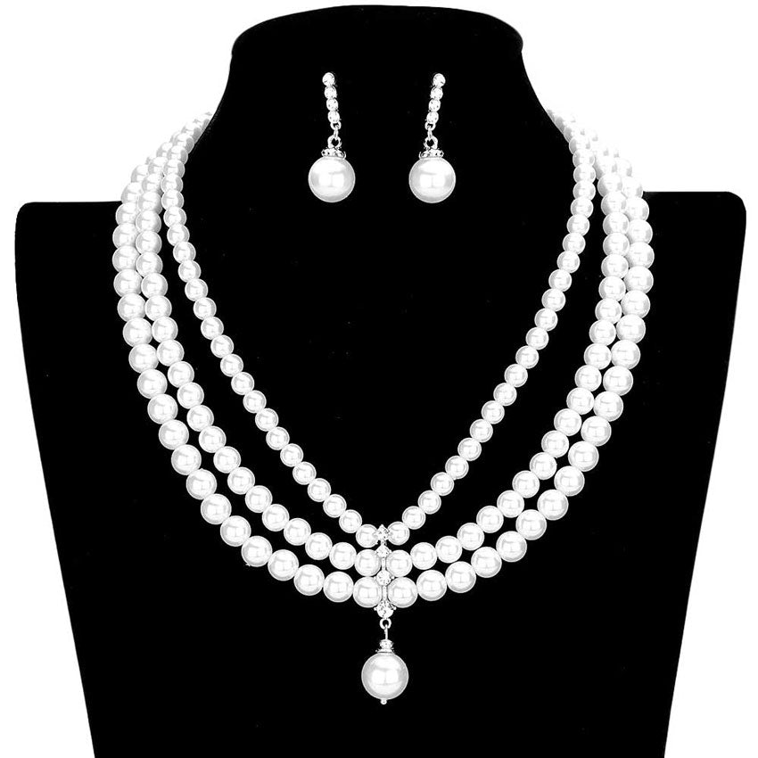Silver White Triple Layered Pearl Necklace. Beautifully crafted design adds a gorgeous glow to any outfit. Get ready with these Pearl Necklace. Perfect for adding just the right amount of shimmer & shine and a touch of class to special events.  Suitable for wear Party, Wedding, Date Night or any special events. Perfect Birthday Gift, Anniversary Gift, Thank you Gift or any special occasion.