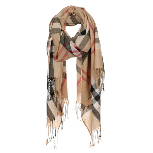 Tan Plaid Check Patterned Oblong Scarf, on trend & fabulous, a luxe addition to any cold-weather ensemble. Great for daily wear in the cold winter to protect you against chill, classic infinity-style scarf & amps up the glamour with plush material that feels amazing snuggled up against your cheeks.