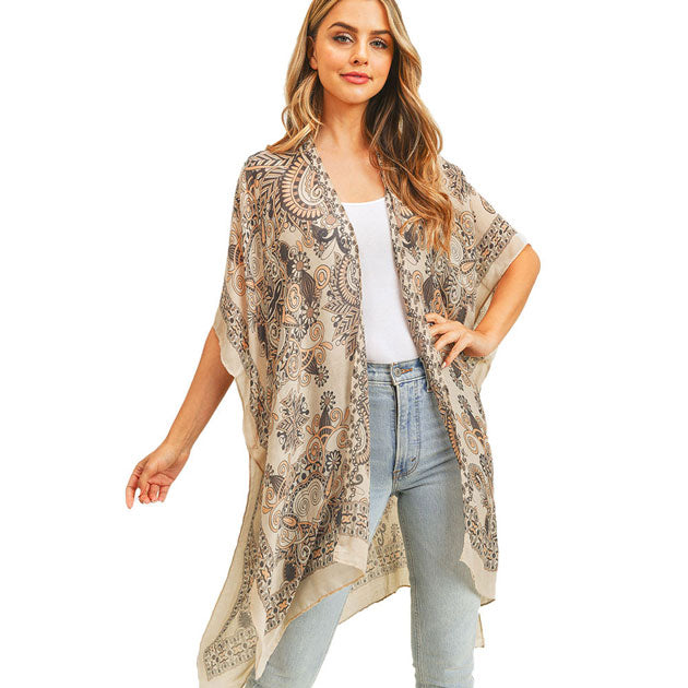 Taupe Bohemian Patterned Cover Up Kimono Poncho, The lightweight poncho top is made of soft and breathable Polyester material. short sleeve swimsuit cover up with open front design, simple basic style, easy to put on and down. Perfect Gift for Wife, Mom, Birthday, Holiday, Anniversary, Fun Night Out.
