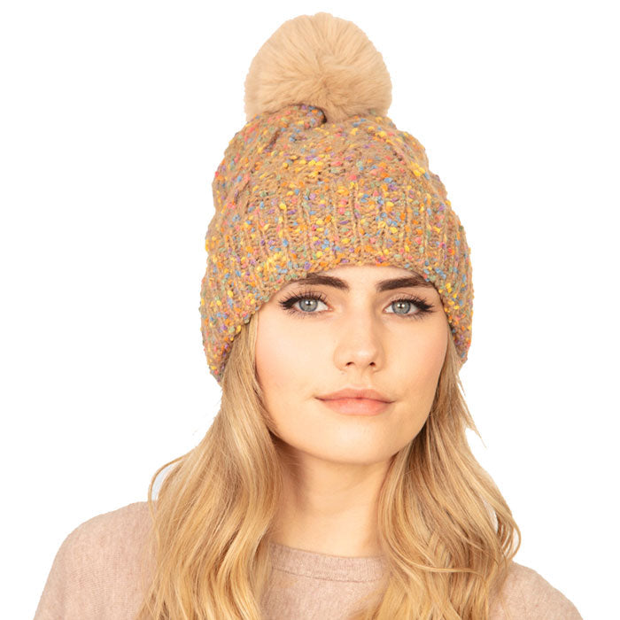 Taupe Confetti Cable Knit Pom Pom Beanie Warm Winter Hat; before running out the door into the cool air, you’ll want to reach for this toasty beanie to keep you incredibly warm. Accessorize the fun way with this faux fur pom pom hat, it's the autumnal touch you need to finish your outfit in style. Awesome winter gift accessory! Perfect Gift Birthday, Christmas, Stocking Stuffer, Secret Santa, Holiday, Anniversary, Valentine's Day, Loved One