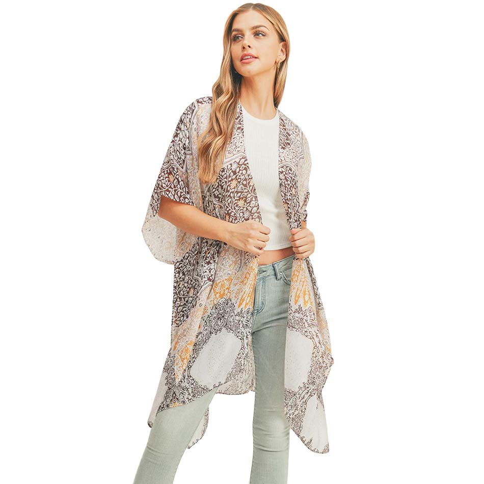Taupe Floral Leaf Patterned Cover Up Kimono Poncho, Absolutely fab for this summer & spring season to amp up your attire & make you comfortable in dressing up. These kimonos feature a floral leaf pattern that is easy to pair with so many tops. Lightweight and breathable fabric, comfortable to wear. Suitable for weekends, work, holidays, beach, parties, clubs, nights, evenings, dates, casual and other occasions
