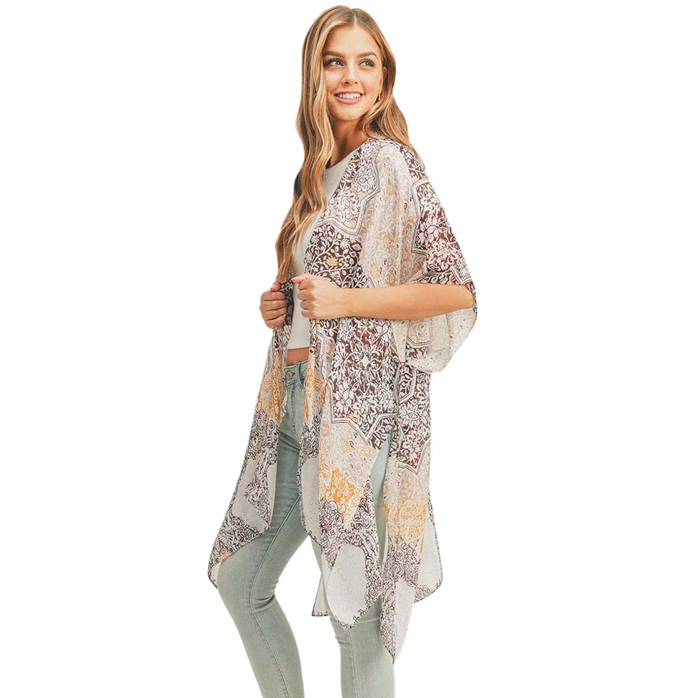 Taupe Floral Leaf Patterned Cover Up Kimono Poncho, Absolutely fab for this summer & spring season to amp up your attire & make you comfortable in dressing up. These kimonos feature a floral leaf pattern that is easy to pair with so many tops. Lightweight and breathable fabric, comfortable to wear. Suitable for weekends, work, holidays, beach, parties, clubs, nights, evenings, dates, casual and other occasions
