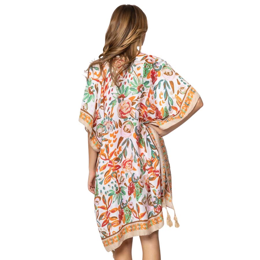 Taupe Floral Patterned Cover Up Kimono Poncho, this timeless floral patterned cover-up kimono poncho is Soft, Lightweight, and breathable fabric, close to the skin, and comfortable to Wear. sophisticated, flattering, and cozy. look perfectly breezy and laid-back as you head to the beach. A fashionable eye-catcher will quickly become one of your favorite accessories.
