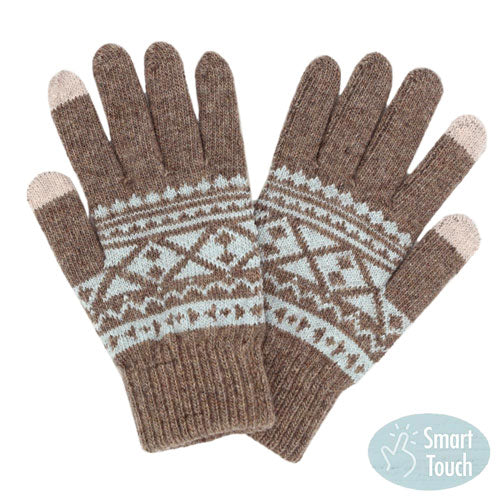 Taupe Knit Aztec Smart Gloves, ensure you keep warm and toasty in a fashionable way in winter and on cold days. Perfect to complete your trendy outfit. It's perfect to use your electronic devices and touchscreens with ease while keeping your fingers covered, and swiping away! A pair of these gloves are a cool gift this winter for your family, friends, anyone you love, and even yourself. Enjoy the winter in a cool way!