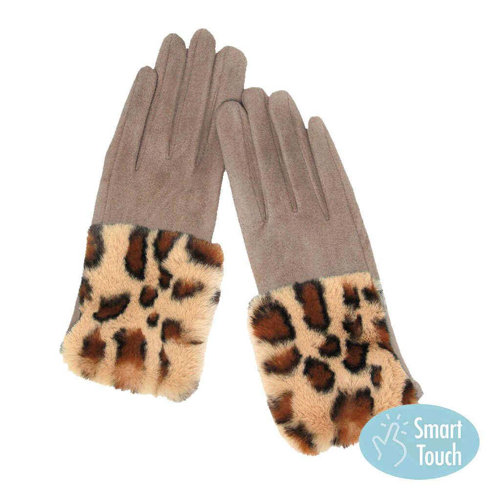 Taupe Leopard Patterned Faux Fur Cuff Accented Soft Suede Smart Gloves, gives your look so much eye-catching texture w cool design, a cozy feel, fashionable, attractive, cute looking in winter season, these warm accessories allow you to use your phones. Perfect Birthday Gift, Valentine's Day Gift, Anniversary Gift.