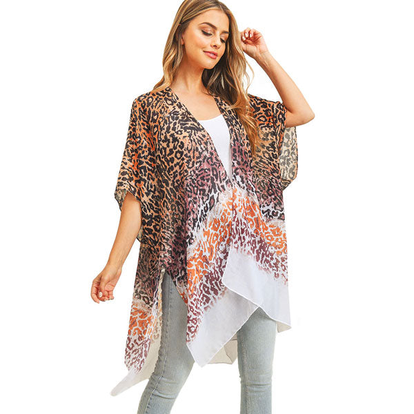 Taupe Multi Color Leopard Patterned Cover Up Kimono Poncho, The lightweight Poncho top is made of soft and breathable Polyester material. short sleeve swimsuit cover up with open front design, simple basic style, easy to put on and down. Perfect Gift for Wife, Mom, Birthday, Holiday, Anniversary, Fun Night Out.