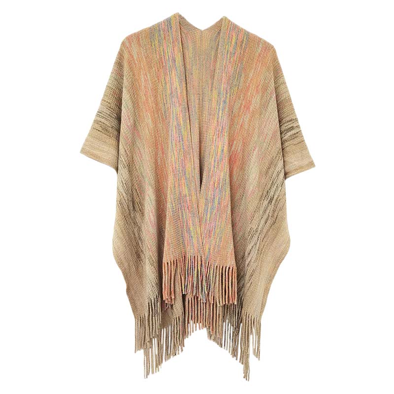 Taupe Multi Colored Metallic Knit Ruana, you can draw attention to the contrast of different outfits. Awesome multi-colored knit Ruana with a Fringe design that gives it a unique decorative and modern look. Match well with jeans and T-shirts or a vest. A fashionable, eye catcher, and useful wear that will quickly become one of your favorite accessories. It keeps you perfectly warm and goes well with all your winter outfits. Enjoy the winter in style!