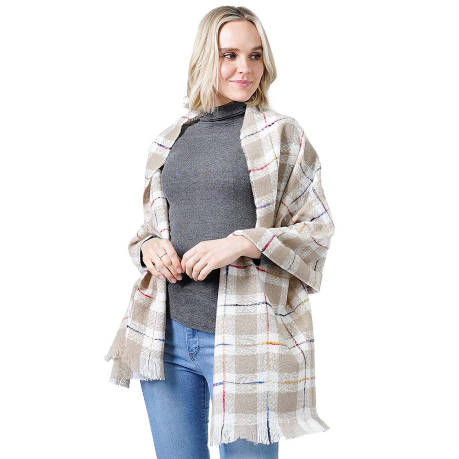 Taupe Plaid Check Oblong Scarf, accents your look with a soft, highly versatile plaid design and keeps you warm and toasty on cold days and in winter. A rugged staple brings a classic look. The variety of its color adds harmony & completes your outfit in style. You will feel cozy, comfortable, and confident everywhere with this oblong scarf. Throw it on over so many pieces elevating any casual outfit!