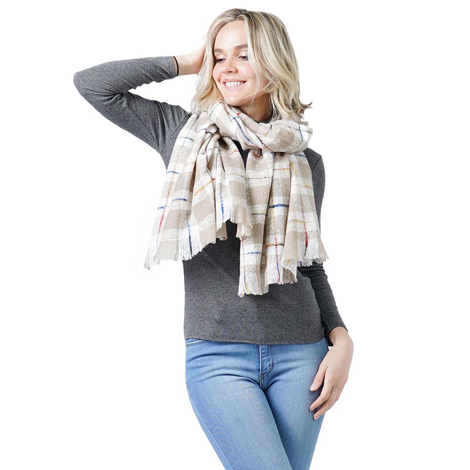 Taupe Plaid Check Oblong Scarf, accents your look with a soft, highly versatile plaid design and keeps you warm and toasty on cold days and in winter. A rugged staple brings a classic look. The variety of its color adds harmony & completes your outfit in style. You will feel cozy, comfortable, and confident everywhere with this oblong scarf. Throw it on over so many pieces elevating any casual outfit!