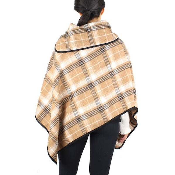 Taupe Plaid Check Patterned Stylish Coconut Button Poncho Outwear Cover Up, the perfect accessory, luxurious, trendy, super soft chic capelet, keeps you warm & toasty. You can throw it on over so many pieces elevating any casual outfit! Perfect Gift Birthday, Holiday, Christmas, Anniversary, Wife, Mom, Special Occasion