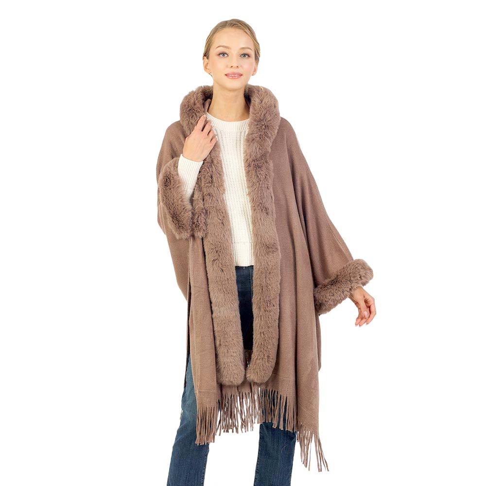 Taupe Solid Color Hoodie Winter Cape With Faux Fur Edge, is beautifully designed with solid color that amps up your beauty to a greater extent. It enriches your attire with perfect combination. Breathable Fabric, comfortable to wear, and very easy to put on and off. Suitable for Weekend, Work, Holiday, Beach, Party, Club, Night, Evening, Date, Casual and Other Occasions in Spring, Summer and Autumn.