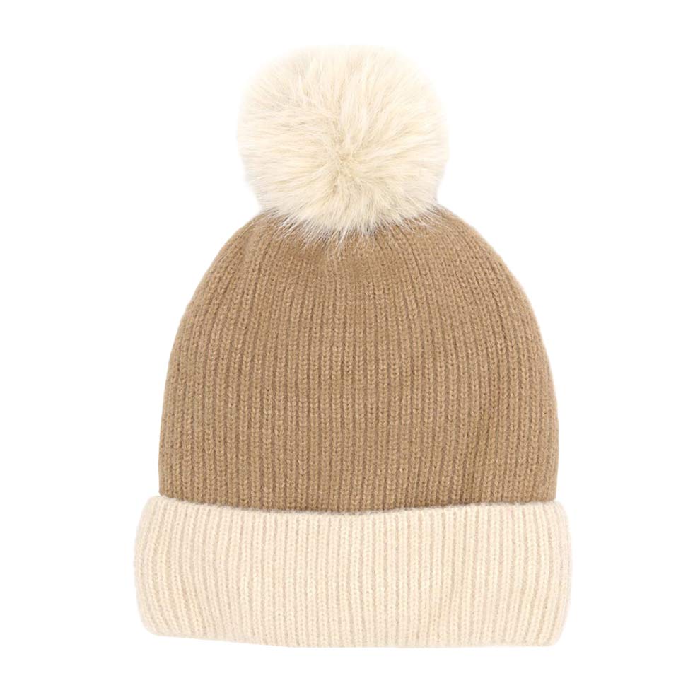 Taupe Two Tone Knit Pompom Beanie Hat, wear this beautiful pompom Beanie Hat before running out the door into the cool air. It will keep you incredibly warm and toasty on cold days and winter. Accessorize the fun way with this beanie hat to not only get the warmth but also get compliments due to its eye-catchy look. It's the autumnal touch that you need to finish your outfit in style. Beautiful winter gift accessory!