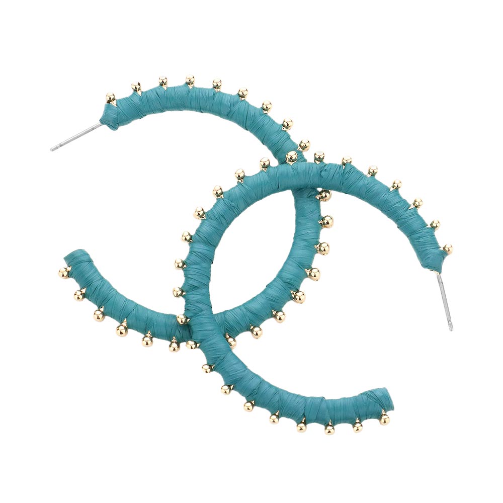 Teal Metal Ball Trimmed Raffia Wrapped Hoop Earrings, enhance your attire with these beautiful raffia earrings to show off your fun trendsetting style. Get a pair as a gift to express your love for any woman person or for just for you on birthdays, Mother‚Äö√Ñ√¥s Day, Anniversary, Holiday, Christmas, Parties, etc.