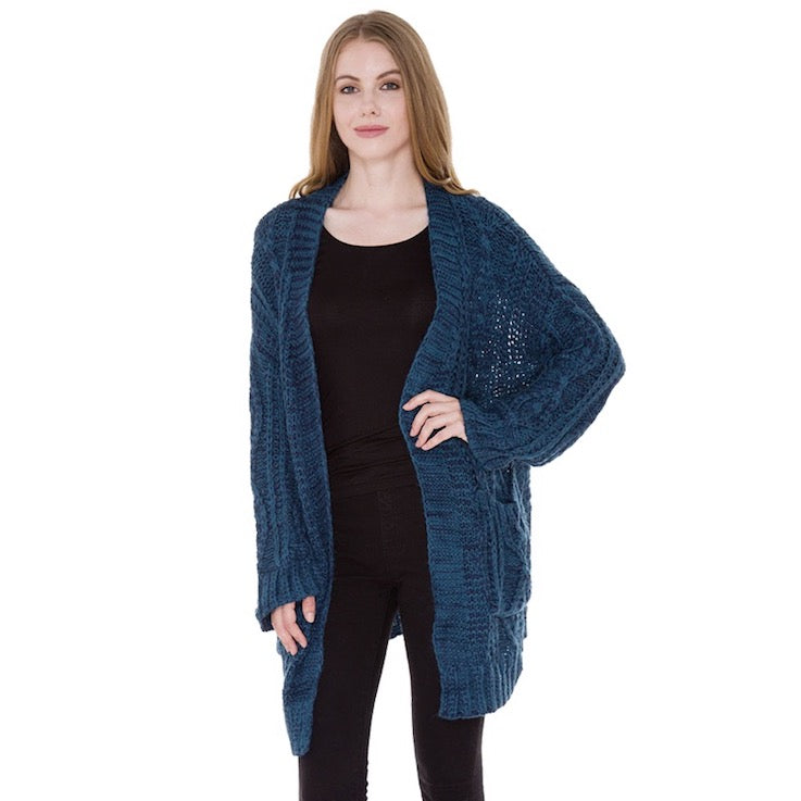 Teal Front Pocket Knitted Soft Warm Long Cardigan Outwear Shawl Cover Up, the perfect accessory, luxurious, trendy, super soft chic capelet, keeps you warm & toasty. You can throw it on over so many pieces elevating any casual outfit! Perfect Gift Birthday, Holiday, Christmas, Anniversary, Wife, Mom, Special Occasion