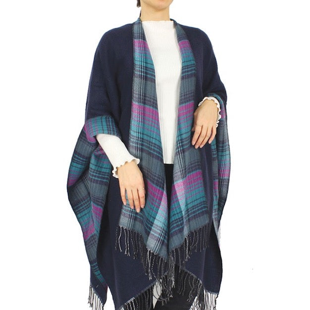 Teal Reversible Plaid Check Patterned Tassel Cape Poncho, with the latest trend in ladies' outfit cover-up! the high-quality knit poncho is soft, comfortable, and warm but lightweight. It's perfect for your daily, casual, evening, vacation, and other special events outfits. A fantastic gift for your friends or family.