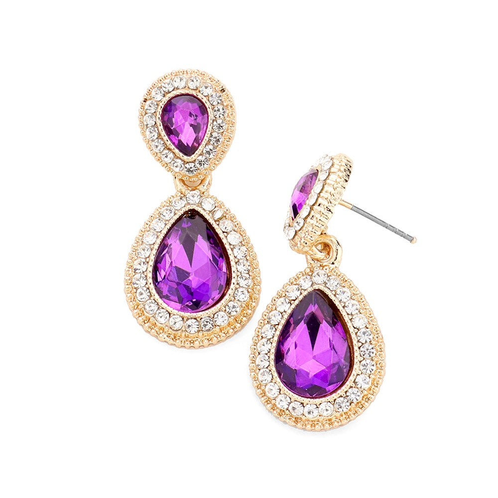 Purple Glass Studs Teardrop Crystal Rhinestone Pave Evening Earrings Teardrop Stud Earrings Crystal Earring Rhinestone Pave Earrings Glass Stud Earrings Halo Earrings Elegant Classy Studs