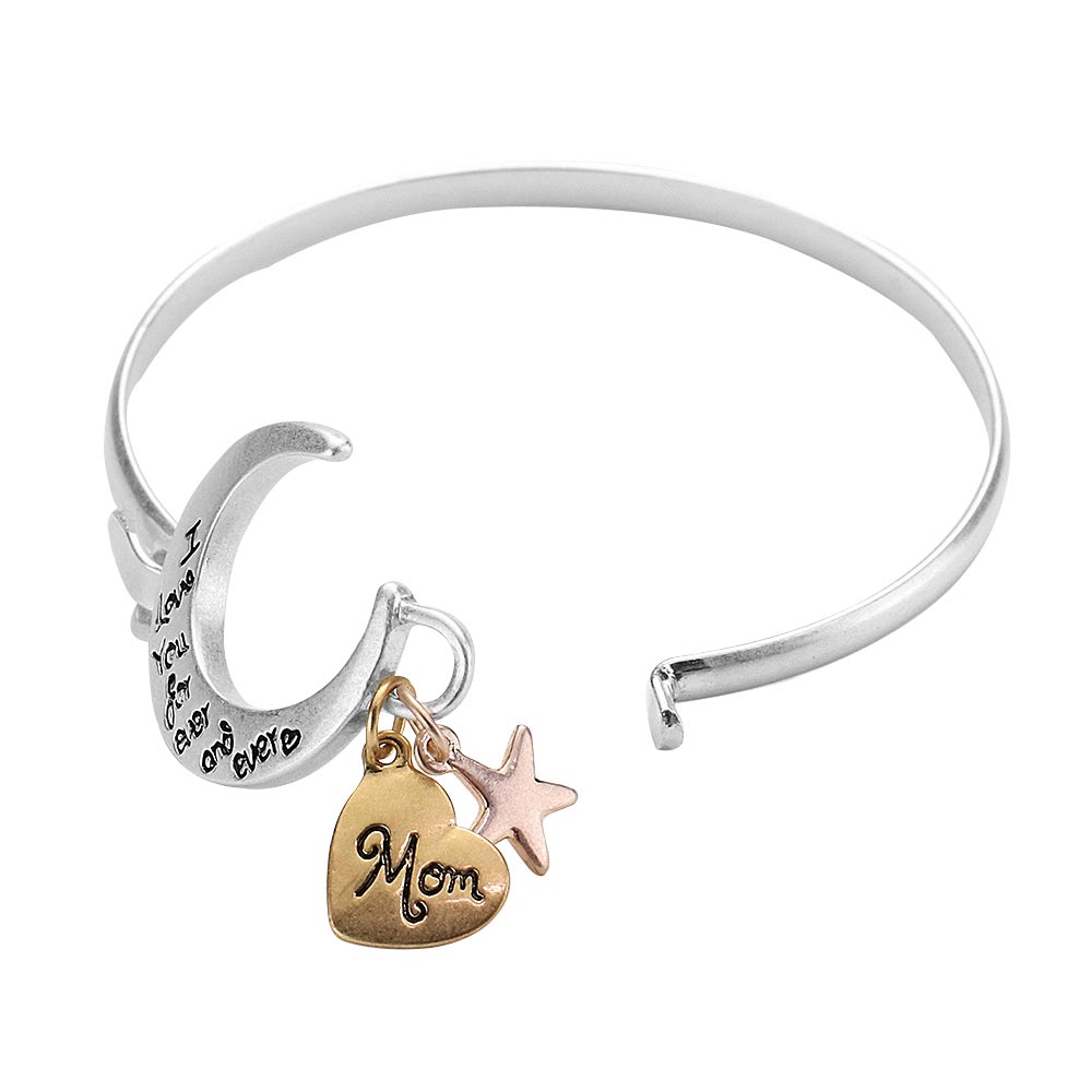 Three Tone I Love You Forever And Ever Crescent Moon Hook Bracelet, Simple sophistication gives a lovely fashionable glow to any outfit style to your mom. Show your love for Mother with this beautiful Crescent Moon Hook Bracelet. An excellent gift for your mom on her any meaningful occasion.