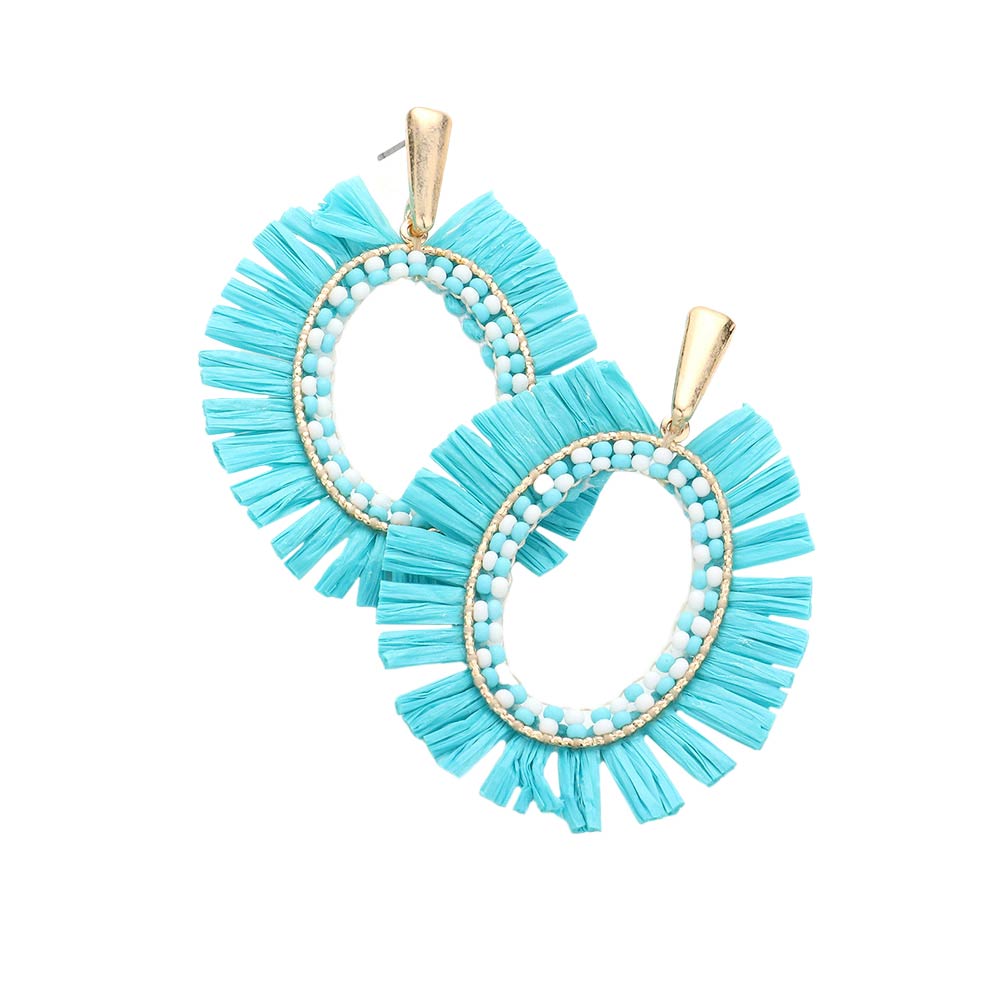 Turqouise Raffia Trimmed Open Oval Dangle Earrings, enhance your attire with these beautiful open oval dangle earrings to show off your fun trendsetting style. Can be worn with any daily wear such as shirts, dresses, T-shirts, etc. These raffia dangle earrings will garner compliments all day long. Whether day or night, on vacation, or on a date, whether you're wearing a dress or a coat, these earrings will make you look more glamorous and beautiful.