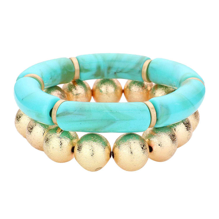 Turquoise 2PCS Resin Metal Ball Stretch Bracelets. Get ready with this bracelets, Beautifully crafted design adds a gorgeous glow to any outfit. Jewelry that fits your lifestyle! Perfect Birthday Gift, Anniversary Gift, Mother's Day Gift, Anniversary Gift, Graduation Gift, Prom Jewelry, Just Because Gift, Thank you Gift.
