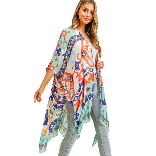 Turquoise Aztec Patterned Cover Up Kimono Poncho. This timeless Kimono Poncho is Soft, Lightweight and Breathable Fabric, Comfortable to Wear. Sophisticated, flattering and cozy, this Poncho drapes beautifully for a relaxed, pulled-together look. Suitable for Weekend, Work, Holiday, Beach, Party, Club, Night, Evening, Date, Casual and Other Occasions in Spring, Summer and Autumn.