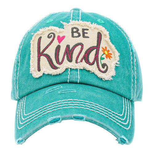 Turquoise BE Kind Message Vintage Baseball Cap. Keep your styles on even when you are relaxing at the pool or playing at the beach. Large, comfortable, and perfect for keeping the sun off of your face, neck, and shoulders Perfect summer, beach accessory. Ideal for travelers who are on vacation or just spending some time in the great outdoors