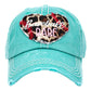 Turquoise Baseball Babe Leopard Patterned Heart Vintage Baseball Cap. Fun cool message themed vintage baseball cap. Perfect for walks in sun, great for a bad hair day. The distressed frayed style with faded colour gives it an awesome vintage look. Soft textured, embroidered message with fun statement will become your favourite cap.