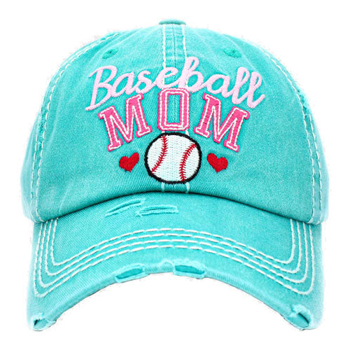 Turqoise Baseball MOM Vintage Baseball Cap. Fun cool Mother Sports themed vintage cap. Perfect for walks in sun, great for a bad hair day. The distressed frayed style with faded color gives it an awesome vintage look. Soft textured, embroidered message with fun statement will become your favorite cap.