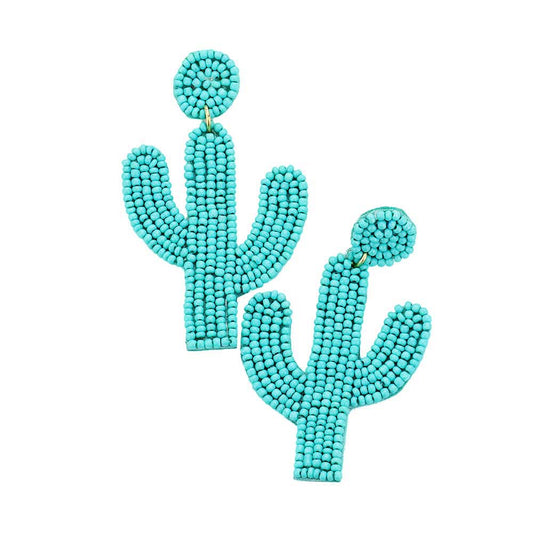 Turquoise Beaded Cactus Drop Dangle Earrings, It's made of beads. Light weight and comfortable to wear, adopt to current popular trend element of beads, give you charming look and win more compliments, With this vibrant color earring, show off for a day at the beach, Summer pretty! These Fashion and stylish Cactus Earrings suitable for work, party, business, travel, daily using and so on.