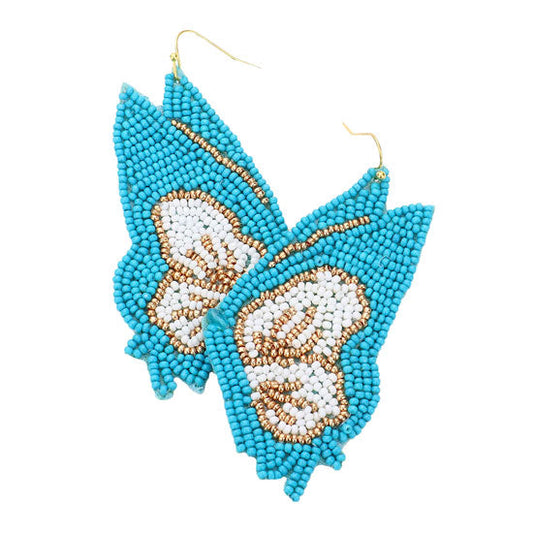 Turquoise Butterfly Wing Seed Beads Dangle Earrings, will take your look up a notch, versatile enough for wearing straight through the week, perfectly lightweight for all-day wear, coordinate with any ensemble from business casual to everyday wear, the perfect addition to every outfit. Adds a touch of nature-inspired butterfly themed  beauty to your look.Gift someone or yourself these ultra-chic earrings.