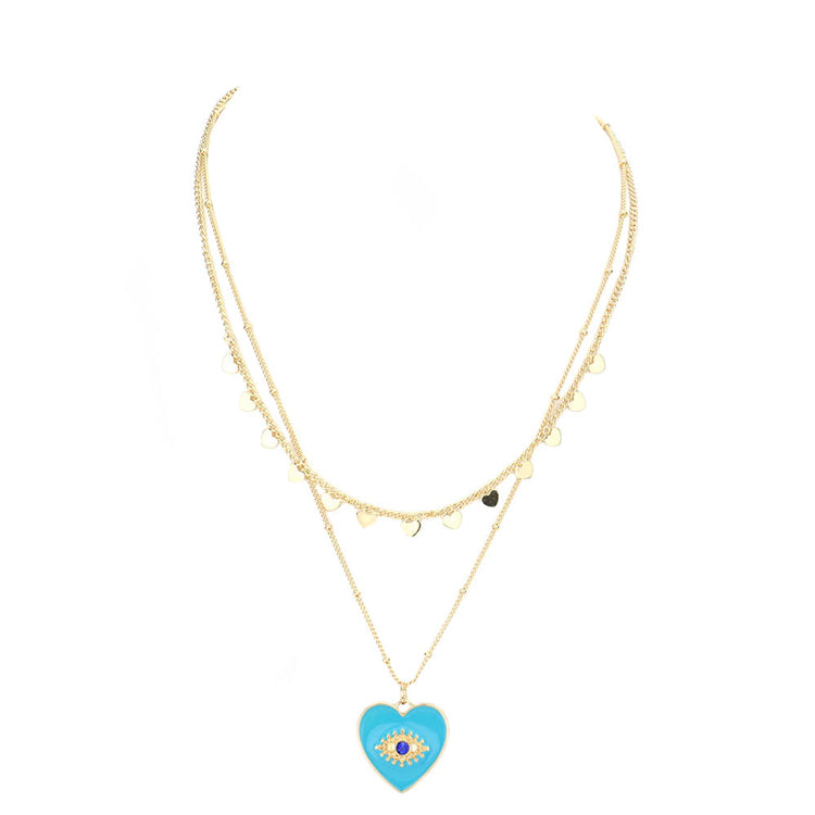 Turquoise Evil Eye Centered Enamel Heart Pendant Layered Necklace, Beautifully crafted design adds a gorgeous glow to any outfit. Jewelry that fits your lifestyle! Perfect Birthday Gift, Anniversary Gift, Mother's Day Gift, Anniversary Gift, Graduation Gift, Prom Jewelry, Just Because Gift, Thank you Gift.