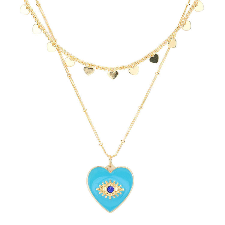 Turquoise Evil Eye Centered Enamel Heart Pendant Layered Necklace, Beautifully crafted design adds a gorgeous glow to any outfit. Jewelry that fits your lifestyle! Perfect Birthday Gift, Anniversary Gift, Mother's Day Gift, Anniversary Gift, Graduation Gift, Prom Jewelry, Just Because Gift, Thank you Gift.