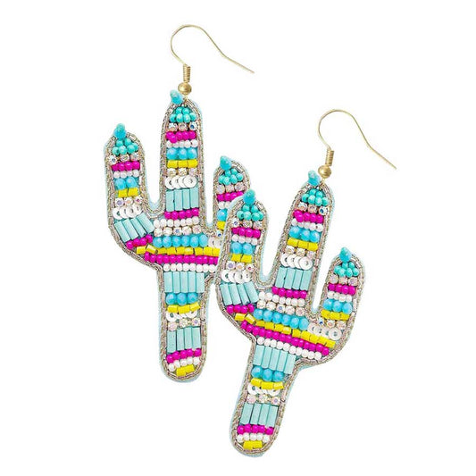 Turquoise Felt Back Multi Beaded Cactus Dangle Earrings. Take your love for statement accessorizing to a new level of affection with these Multi beaded cactus earrings! Highlight your appearance, grasp everyone's eye in your party. Perfect gift on Christmas, Valentine's Day, Anniversaries as well as birthday for your beloved ones.