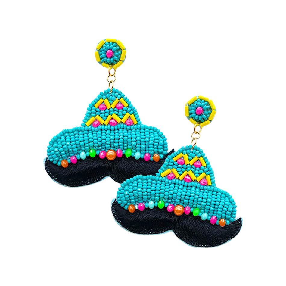 Turquoise Felt Back Seed Beaded Hat Mustache Dangle Earrings, enhance your attire with these beautiful beaded hat mustache dangle earrings to show off your fun trendsetting style at Cinco De Mayo. Get a pair as a gift to express your love for your mom, daughter, or sister just for you on Cinco De Mayo, Anniversary, Holiday, etc.