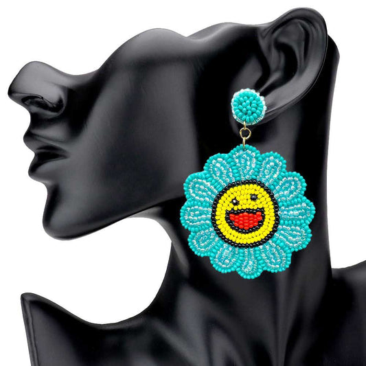 Turquoise Felt Back Seed Beaded Smile Flower Dangle Earrings, Beaded Flower Smiley Face Earrings fun handcrafted jewelry that fits your lifestyle, adding a pop of pretty color. Enhance your attire with these vibrant artisanal earrings to show off your fun trendsetting style. Coordinate these earrings with any ensemble from business casual to everyday wear, ideal for parties, events, holidays.