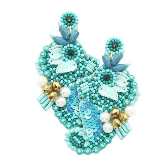 Turquoise Felt Back Sequin Pearl Seed Beaded Seahorse Dangle Earrings, shiny polished, Simple sophistication provides a flash of color to any outfit style, making it a timeless jewel to add to your collection. Jewelry that fits your lifestyle! Perfect Birthday, Anniversary, Mother's Day & Thank you Gift, Fun Spring Summer Jewelry.