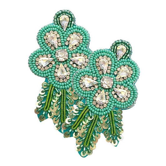 Turquoise Felt Back Sequin Stone Seed Beaded Flower Leaf Earrings, Vivid Sequin Seed Bead flower Leaf Earrings Leaf Dangle Earrings fun handcrafted jewelry that fits your lifestyle, adding a pop of pretty color. Enhance your attire with these vibrant artisanal earrings to show off your fun trendsetting style. Perfect Birthday Gift, Anniversary Gift, Mother's Day Gift, Graduation Gift, Prom Jewelry, Just Because Gift, Thank you Gift.