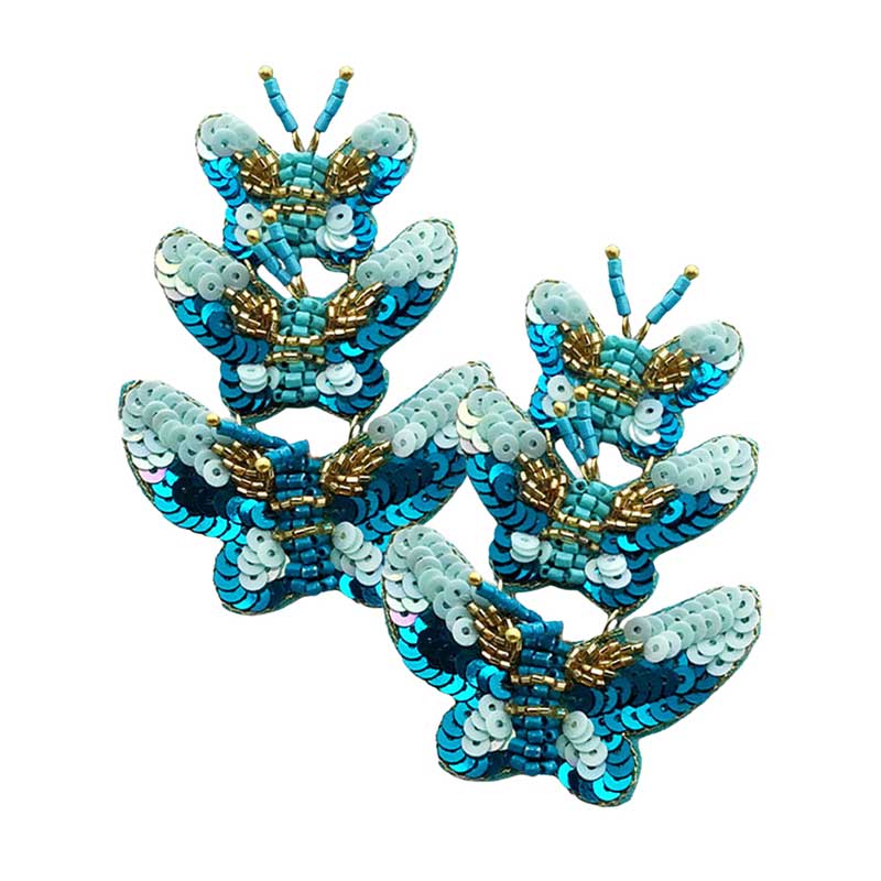 Turquoise Felt Back Sequin Triple Butterfly Link Dangle Earrings, These adorable sequin details butterfly link dangle earrings are bound to cause a smile. You will absolutely love these butterfly dangle earrings! They are exactly what you were looking for; This jewelry is just the right accessory to finish off any outfit. Whether for dating, parties, weddings, and daily wear, it naturally goes with any outfit