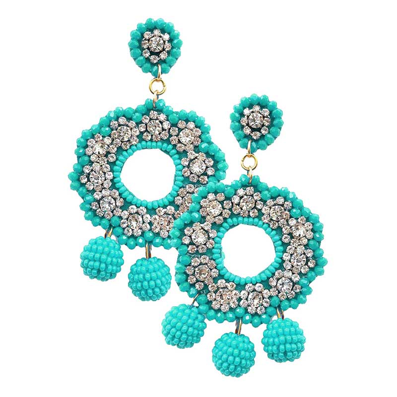 Turquoise Felt Back Stone Embellished Beaded Ball Link Dangle Earring, versatile enough for wearing straight through the week, perfectly lightweight for all-day wear, coordinate with any ensemble from business casual to everyday wear, the perfect addition to every outfit. Adds a touch of nature-inspired beauty to your look. Wear this earring to a wedding, an engagement, a prom, or any other occasion where you wish to appear more charming.