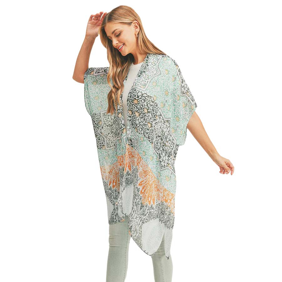 Turquoise Floral Leaf Patterned Cover Up Kimono Poncho, Absolutely fab for this summer & spring season to amp up your attire & make you comfortable in dressing up. These kimonos feature a floral leaf pattern that is easy to pair with so many tops. Lightweight and breathable fabric, comfortable to wear. Suitable for weekends, work, holidays, beach, parties, clubs, nights, evenings, dates, casual and other occasions