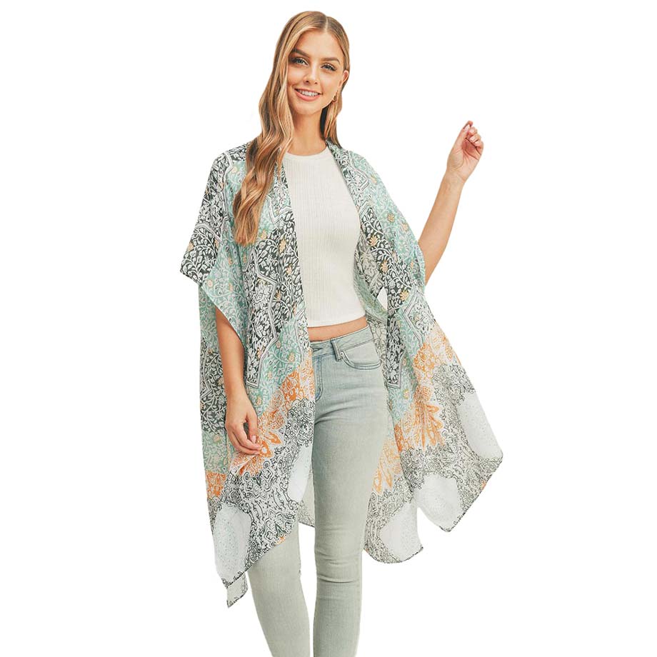 Turquoise Floral Leaf Patterned Cover Up Kimono Poncho, Absolutely fab for this summer & spring season to amp up your attire & make you comfortable in dressing up. These kimonos feature a floral leaf pattern that is easy to pair with so many tops. Lightweight and breathable fabric, comfortable to wear. Suitable for weekends, work, holidays, beach, parties, clubs, nights, evenings, dates, casual and other occasions