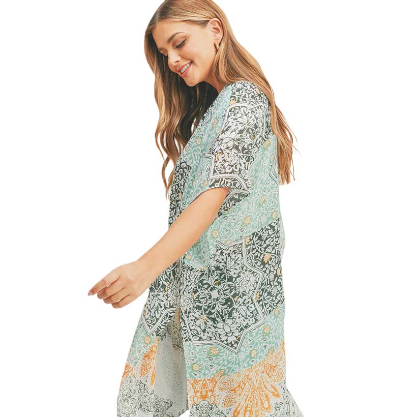 Turquoise Floral Leaf Patterned Cover Up Kimono Poncho, Absolutely fab for this summer & spring season to amp up your attire & make you comfortable in dressing up. These kimonos feature a floral leaf pattern that is easy to pair with so many tops. Lightweight and breathable fabric, comfortable to wear. Suitable for weekends, work, holidays, beach, parties, clubs, nights, evenings, dates, casual and other occasions