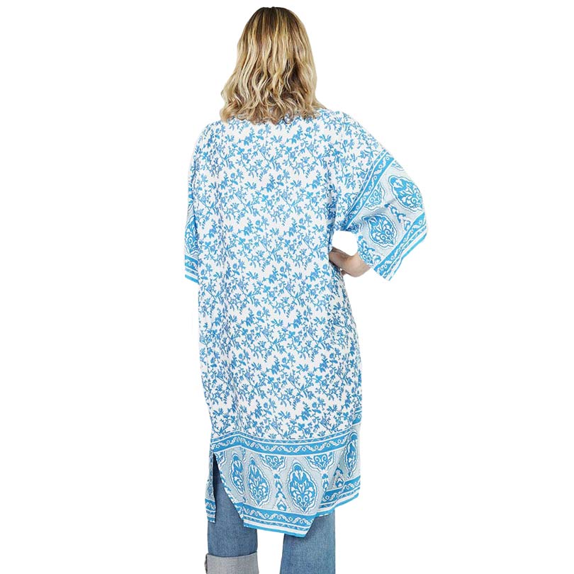 Turquoise Floral Patterned Cover Up Kimono Poncho,  this timeless Kimono Poncho is Soft, lightweight, and breathable fabric that makes you feel more comfortable. A fashionable eye-catcher, will quickly become one of your favorite accessories, Look perfectly breezy and laid-back as you head to the beach.