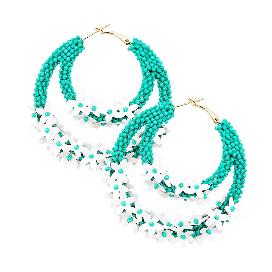 Turquoise Flower Cluster Accented Seed Beaded Hoop Earrings, Flower Seed Bead Earrings fun handcrafted jewelry that fits your lifestyle, adding a pop of pretty color. Enhance your attire with these vibrant artisanal earrings to show off your fun trendsetting style. This are perfect for the summer season, whether you’re at the beach, running errands, or headed to a summer wedding.