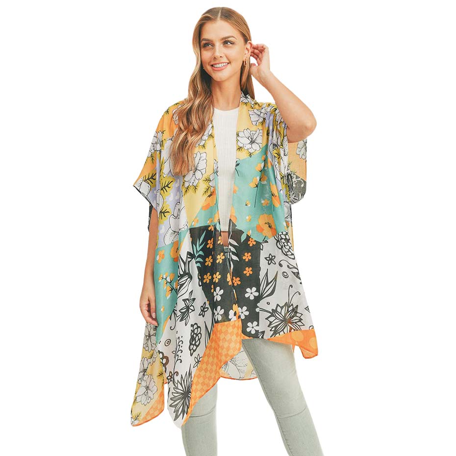 Turquoise Flower Print Cover Up Kimono Poncho, Absolutely fab for this summer & spring season to amp up your attire & make you comfortable in dressing up. These kimonos feature a beautiful flower pattern that is easy to pair with so many tops. Lightweight and breathable fabric, comfortable to wear. Suitable for weekends, work, holidays, beach, parties, clubs, nights, evenings, dates, casual and other occasions in spring, summer & autumn.