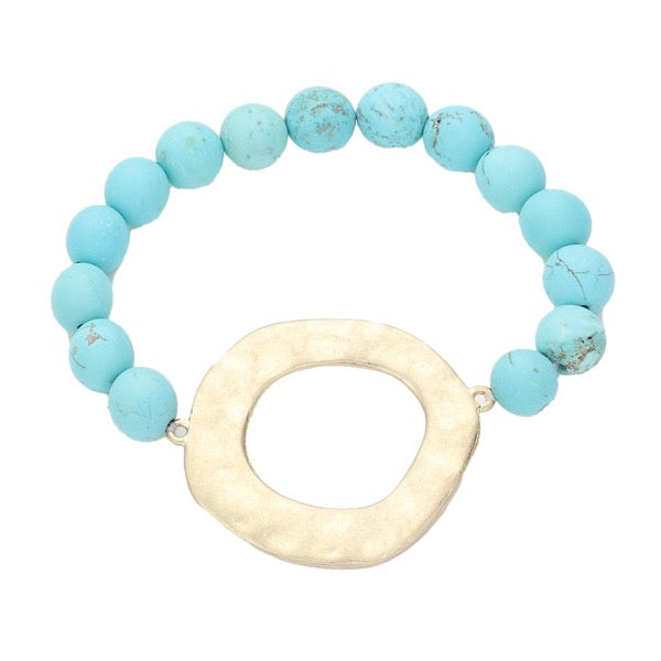 Turquoise Irregular Open Metal Charm Semi Precious Stone Beaded Stretch Bracelet; this stone bead charm bracelet can light up any outfit and make you feel absolutely flawless while adding a pop of color to your ensemble. Perfect Birthday Gift, Anniversary Gift, Mother's Day Gift, Thank you Gift, Loved One Gift, Just Because Gift