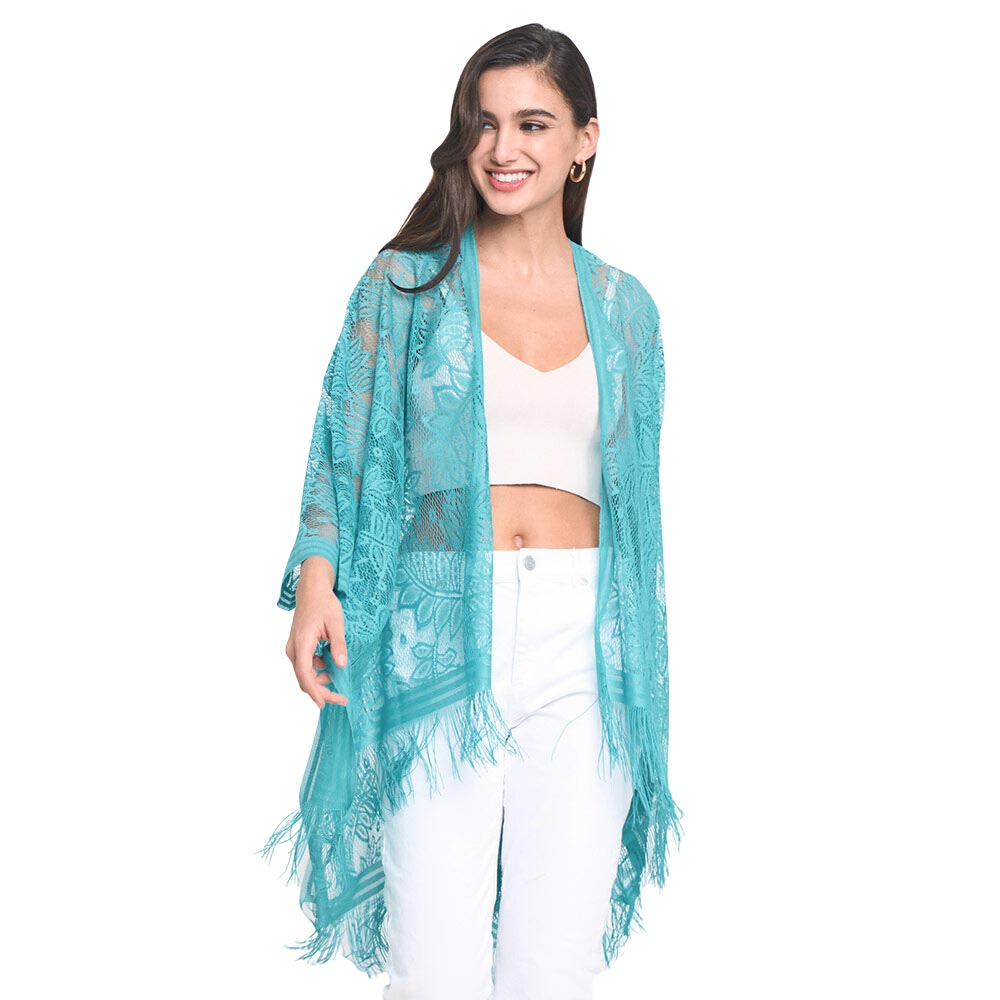 Turquoise Leaf Lace Cover Up Kimono Poncho, an attractive pearl embellished Poncho that is made of soft and breathable material, amps up your beauty with a perfect attraction everywhere. Its eye-catchy design makes you stand out every time. Perfect Gift for Wife, Mom, lover, and care for their Birthday, Fun Night Out, etc.