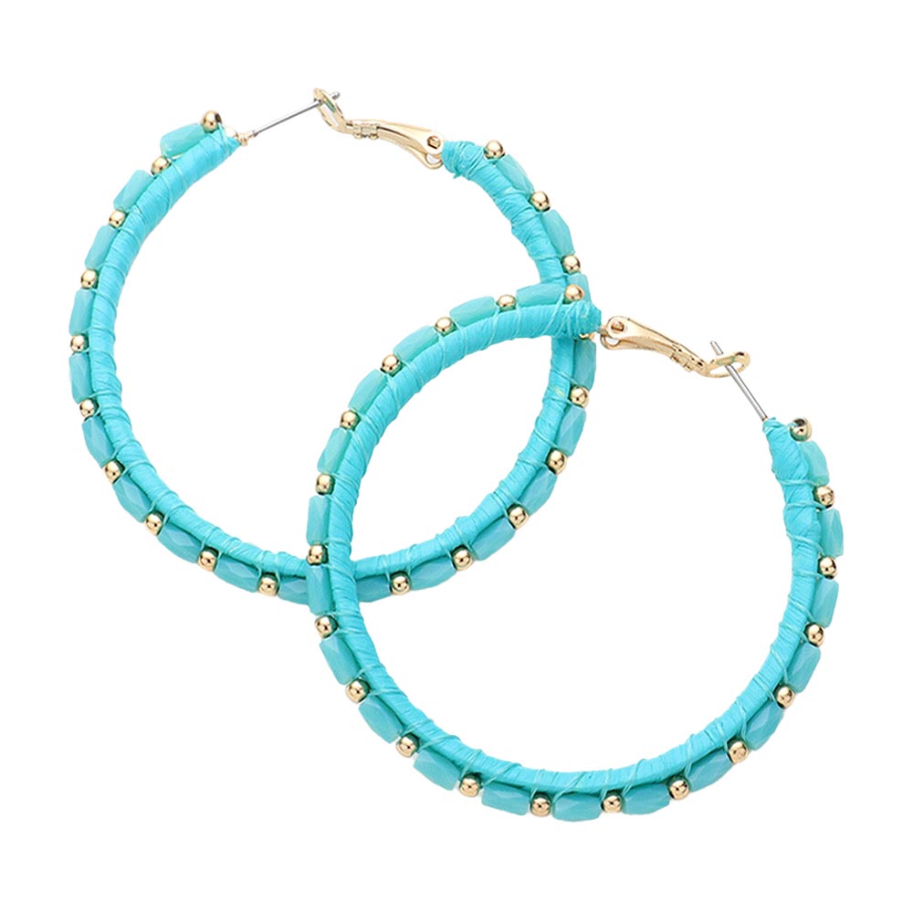 Turquoise Metal Ball Rectangle Bead Trimmed Raffia Hoop Earrings, enhance your attire with these beautiful raffia earrings to show off your fun trendsetting style. Get a pair as a gift to express your love for any woman person or for just for you on birthdays, Mother’s Day, Anniversary, Holiday, Christmas, Parties, etc.