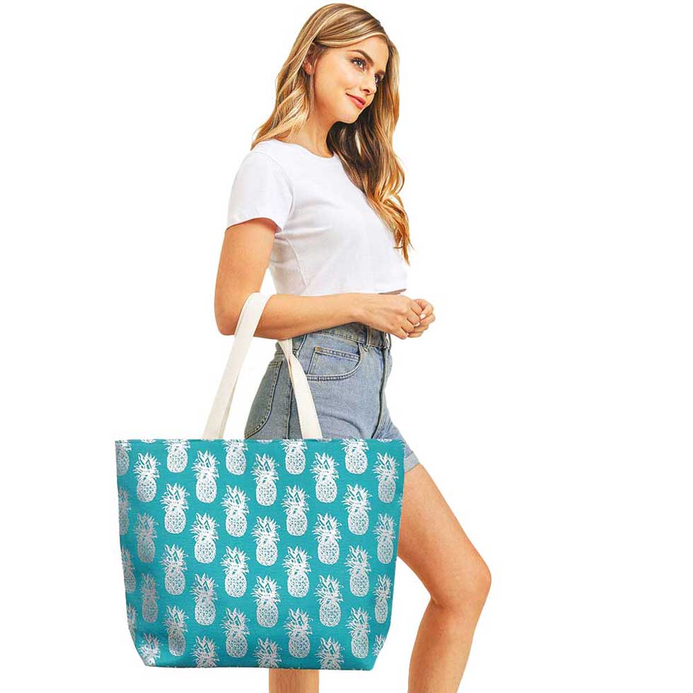 Turquoise Metallic Pineapple Patterned Beach Tote Bag, Whether you are out shopping, going to the pool or beach, this Pineapple patterned print tote bag is the perfect accessory. Perfectly lightweight to carry around all day. Spacious enough for carrying any and all of your seaside essentials. The soft straps really helps carrying this tie due shoulder bag comfortably. Perfect Birthday Gift, Anniversary Gift, Mother's Day Gift, Vacation Getaway or Any Other Events.