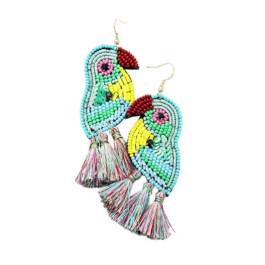 Turquoise Multi Bead Sequin Parrot Tassel Earrings, Seed Beaded Parrot Tassel earrings fun handcrafted jewelry that fits your lifestyle, adding a pop of pretty color. Enhance your attire with these vibrant artisanal earrings to show off your fun trendsetting style. Lightweight and comfortable for wearing all day long. Goes with any of your casual outfits and Adds something extra special. Great gift idea for your Loving One.