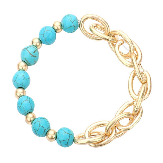 Turquoise Natural Stone Open Metal Oval Link Stretch Bracelet, Simple sophistication gives a lovely fashionable glow to any outfit style. Designed to enhance the look and add a gorgeous attractive shine to any clothing style. Perfect Birthday Gift, Anniversary Gift, Mother's Day Gift, Just Because Gift or Any Other Events.